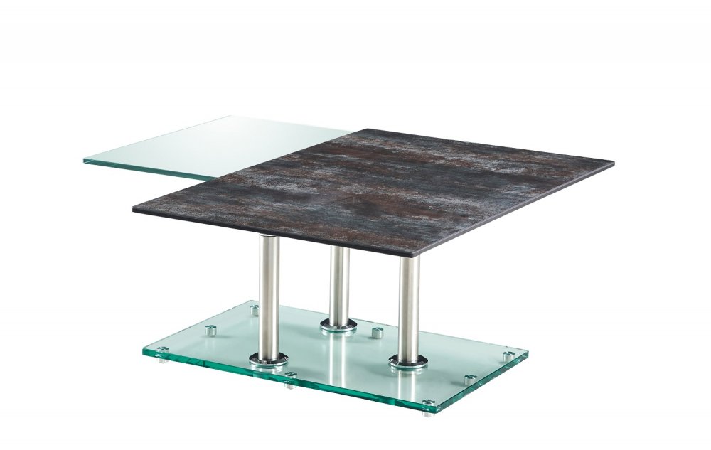 Table basse MATCH CERAMIQUE ANTHRACITE 2 plateaux pivotants en verre piétement chrome